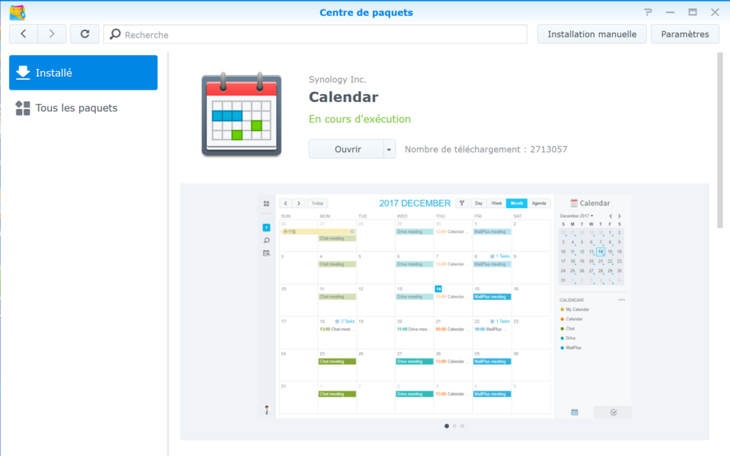 Installer le paquet Calendar via le centre de paquets Synology DSM