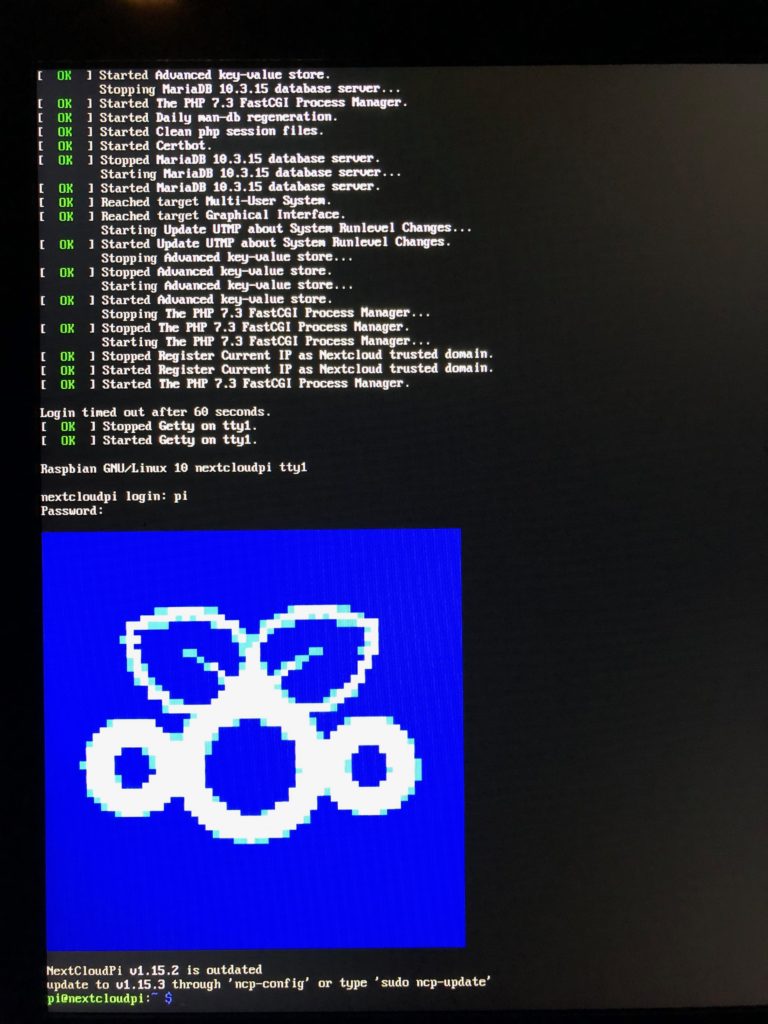 Cope d'écran du terminal NextCloudPi sur Raspberry Pi 4 (modèle B)