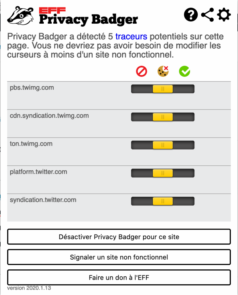 Conseils pour protéger vos données personnelles : Protégez votre navigation internet via l'extension Privacy Badger de l'Electronic Frontier Fondation permet de bloquer les traceurs invisibles