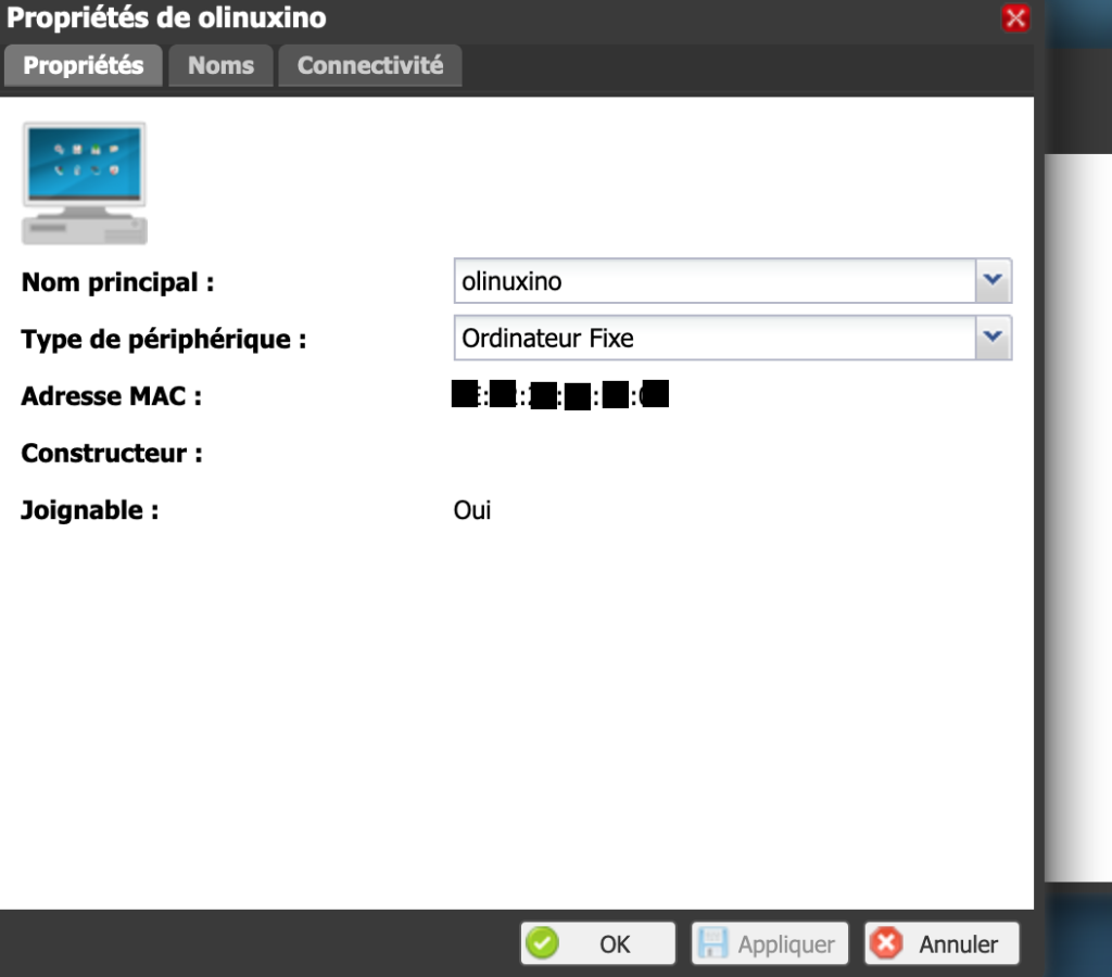 Retrouvez l'adresse mac de votre carte OlinuXino via l'interface d'administration de votre routeur. Ici la freebox revolution.