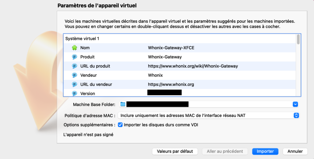 Importer l'image disque Whonix au format .ova dans VirtualBox pour conserver votre anonymat en ligne