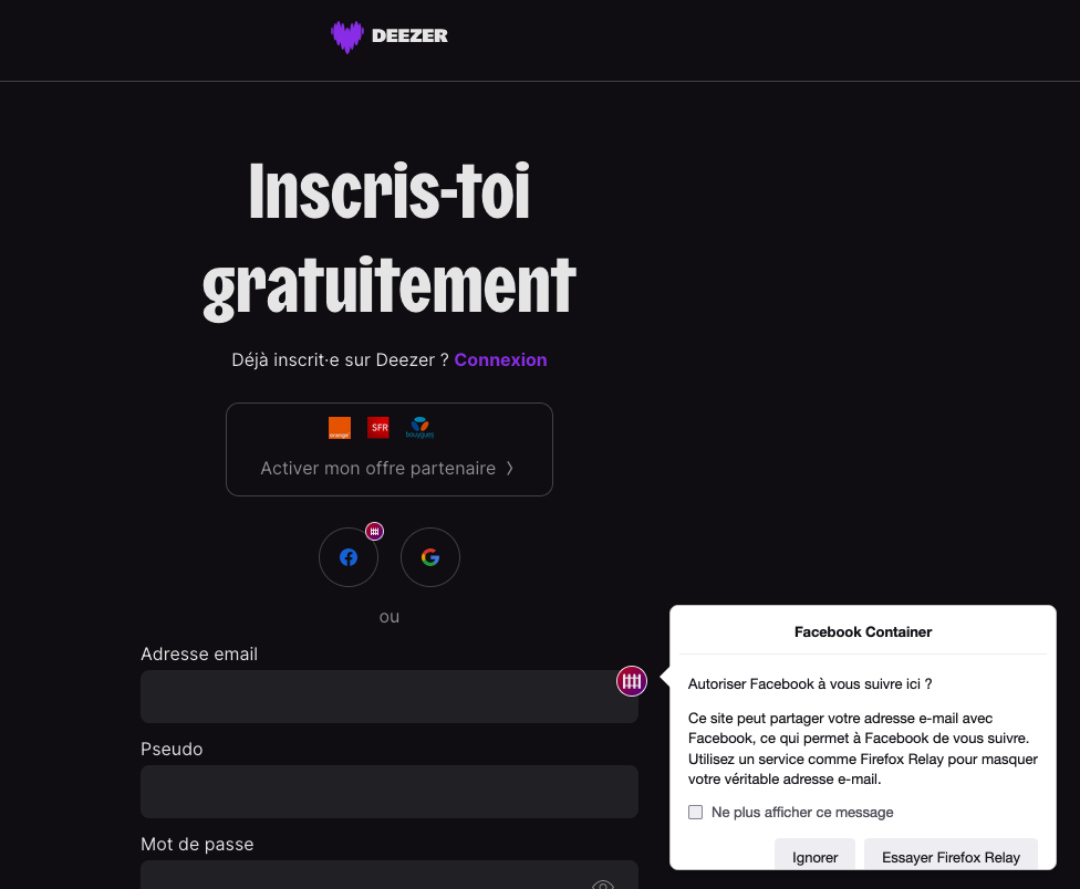 La page d'inscription de deezer inclut un pixel facebook permettant de traquer l'utilisateur