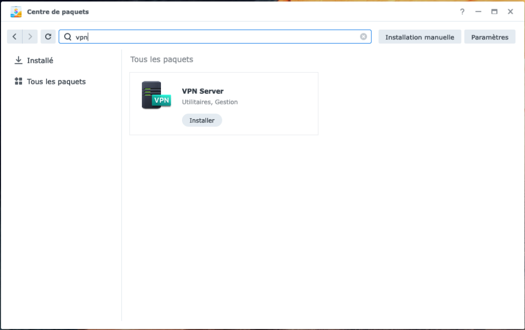 Centre de paquets Synology NAS. INstaller VPN Server
