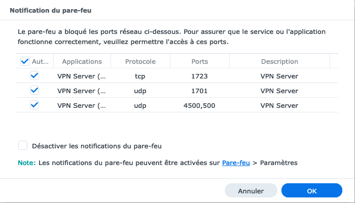 Configurer un VPN Synology via VPN Server - Ouverture Ports du Pare-feu