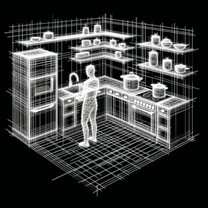représentation monochrome en 3D d'une cuisine et d'une figure humaine, où tous les éléments, y compris les appareils, les armoires et la figure, sont composés de lignes blanches sur un fond noir. Les lignes sont disposées en un motif de grille qui donne de la profondeur et de la forme aux objets, évoquant un design en fil de fer ou schématique. La figure se tient face au plan de travail de la cuisine, donnant l'impression qu'elle interagit avec l'environnement, peut-être en train de préparer un repas. Généré avec ChatGPT