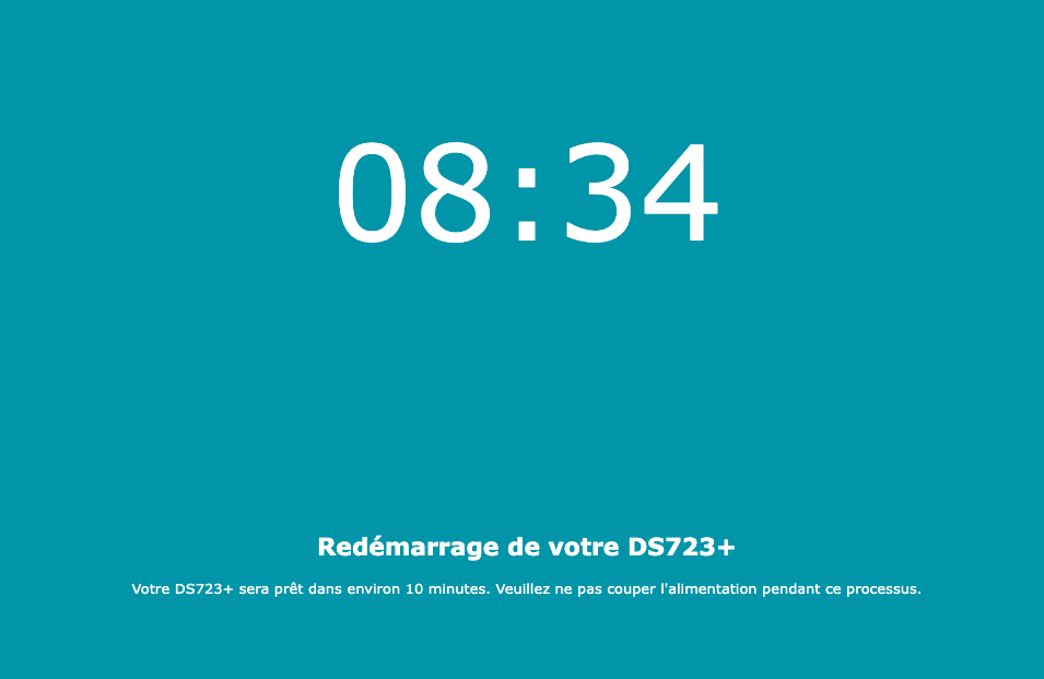 Compte à rebours du NAS suite à l'installation de Synology DiskStation Manager