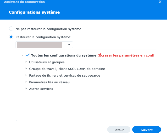 L'assistant de restauration d'une sauvegarde NAS Synology