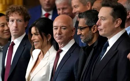 Inauguration de Trump en 2025 en présence des patrons des Big Tech Musk Besos Pichai et Zuckerberg