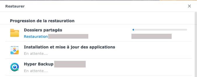Restauration d'une sauvegarde Synology en cours