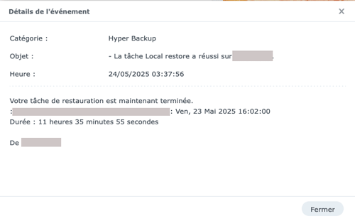 Succès de la restauration de sauvegarde du NAS Synology