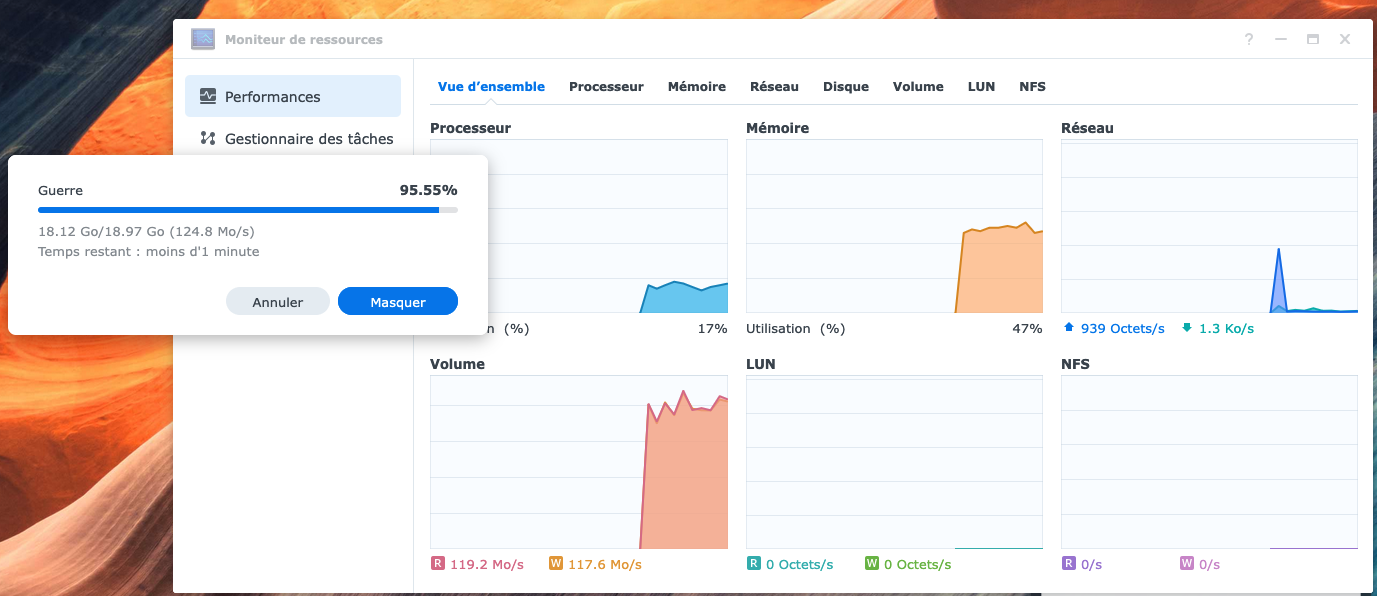 Test 723+ vitesse de transfert d'un gros fichier via disques durs Synology HAT3310-8To Serie Plus