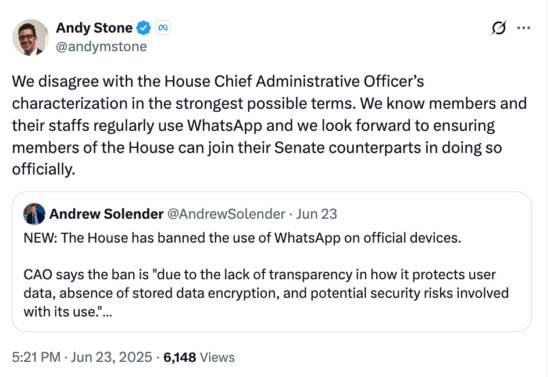 La Chambre des représentants aux États-Unis interdit WhatsApp sur les périphériques officiels