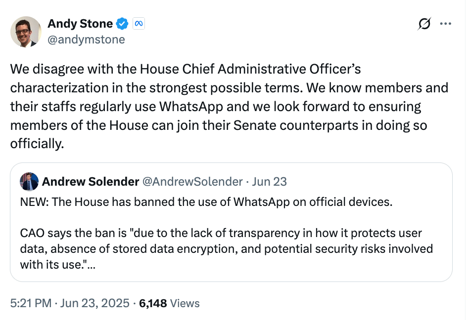 La Chambre des représentants aux États-Unis interdit WhatsApp sur les périphériques officiels