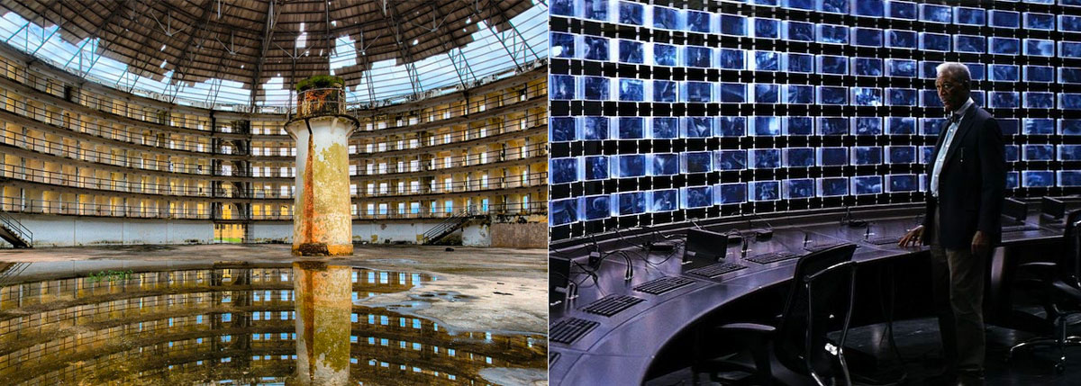 À gauche, la ruine du "Presido Modelio" à Cuba qui reprend l’architecture du Panoptique de Bentham. À droite une photo de Lucius Fox Morgan Freeman) dans une salle de surveillance vidéo (dans The Dark Knight)