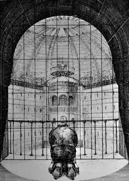 N. Harou-Romain. Projet de pénitencier, 1840. Un détenu, dans sa cellule, fait sa prière devant la tour centrale de surveillance. Cf.p.290.